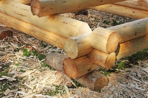 Sample of modern loghouse construction process. Stock Photos