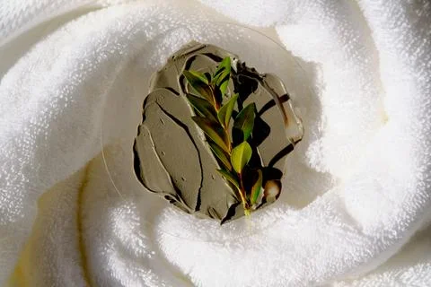 A sample of a mud mask on a terry bath towel with a green sprig. Stock Photos