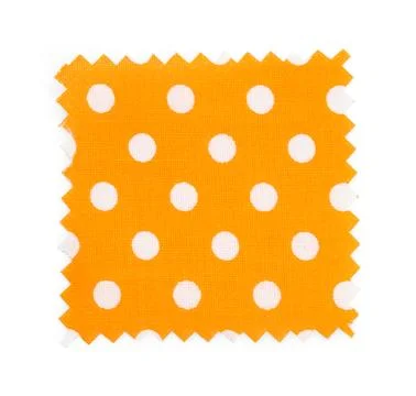 Sample of orange fabric with polka dot pattern isolated on white, top view Stock Photos