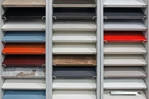 Sample parquet boards in hardware store, in home improvement warehouse exteri Stock Photos