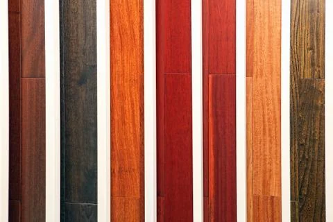 Sample parquet boards in hardware store, in home improvement warehouse exterior Stock Photos