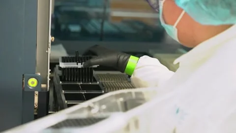 Sample plates in the tray of a DNA sequencing machine at a crime laboratory Stock Footage 345299183