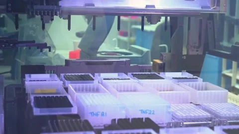 Sample racks under blue light in a crime laboratory testing DNA samples Stock Footage 345299297