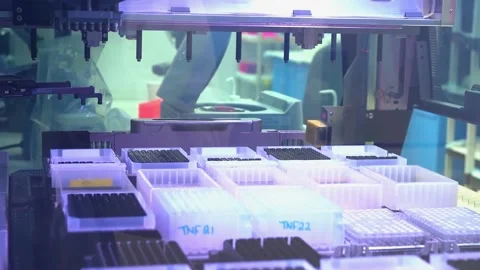 Sample racks under blue light in a crime laboratory testing DNA samples Stock Footage 345363643