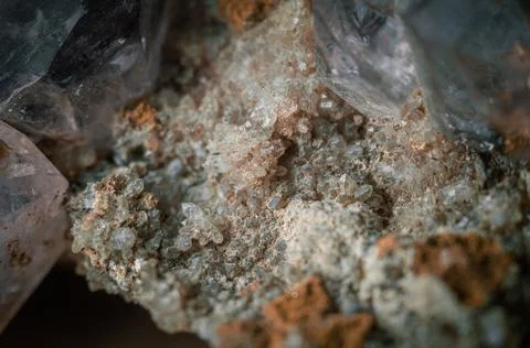 A sample of rock with amethyst under great magnification. Mountain mineral with Stock Photos