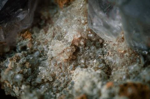 A sample of rock with amethyst under great magnification. Mountain mineral with Stock Photos
