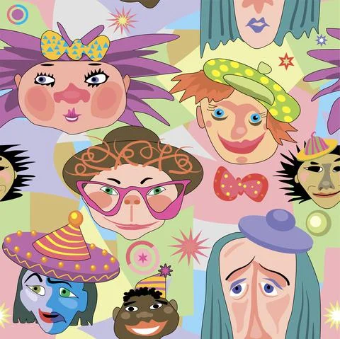 Sample of a seamless pattern depicting the faces of clowns with different emo Stock Illustration