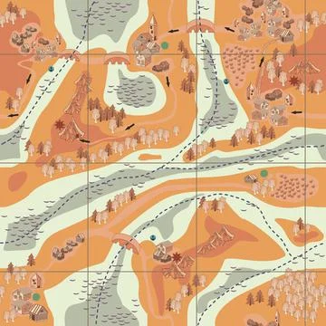 A sample of a seamless pattern that simulates a map from an adventure story. Stock Illustration