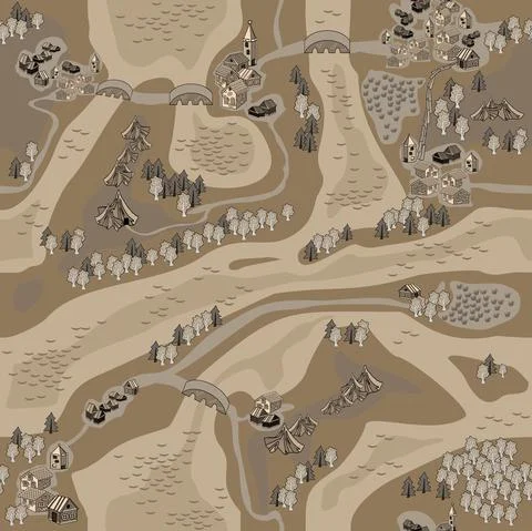 A sample of a seamless pattern that simulates an old sepia map with cities, v Stock Illustration