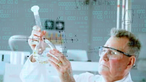 Sample sparking senior chemist lifting and testing in lab, binary digits and Stock Footage 333287960