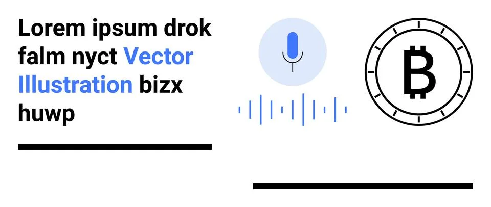 Sample text, microphone with sound waves, cryptocurrency symbol, and minimali Stock Illustration