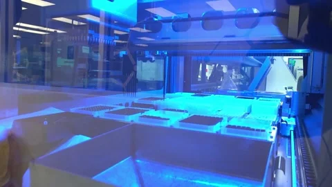 Sample trays under blue light inside a laboratory instrument at a crime Stock Footage 345299275