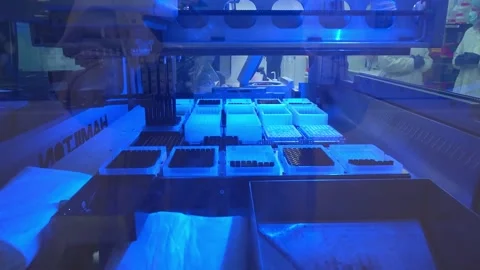 Sample trays under blue light inside an instrument at a crime laboratory Stock Footage 345299309