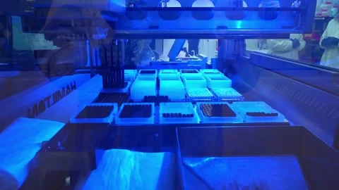 Sample trays under blue light inside an instrument at a crime laboratory Stock Footage 345363642