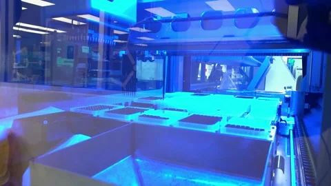 Sample trays under blue light inside a laboratory instrument at a crime Stock-Footage 345363645