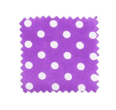 Sample of violet fabric with polka dot pattern isolated on white, top view Fotos de archivo