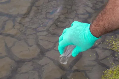 Sample water from the river for analysis. Hand in glove holding a test tube.e Foto stock