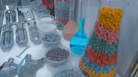Samples of abrasive elements for vibratory finishing equipment and metal parts  Stock Footage 333360313