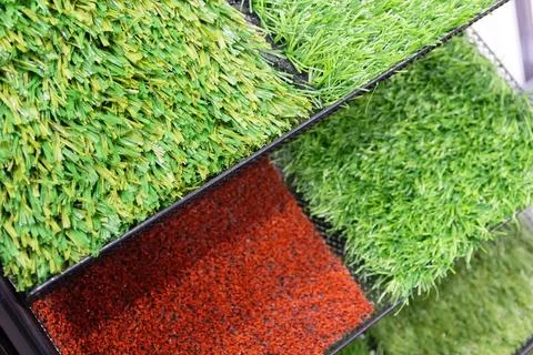 Samples of artificial lawn on the showcase Stock Photos