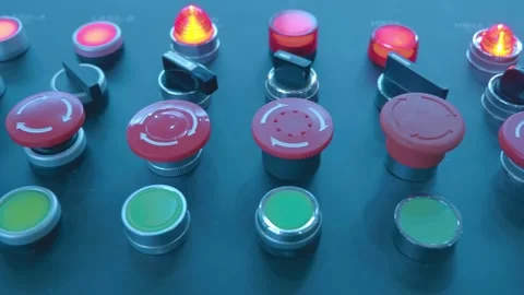 Samples of backlit pushbuttons, switches and emergency stop buttons Stock-Footage 333382723