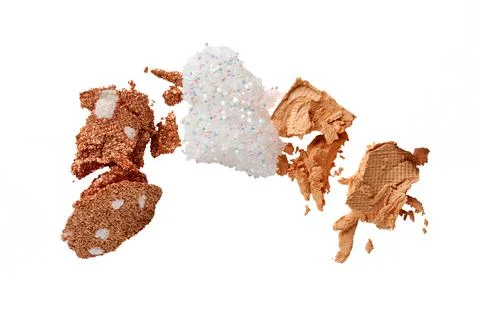 Samples of beige brown eye shadows Set on white background. Swatch smears of Foto stock