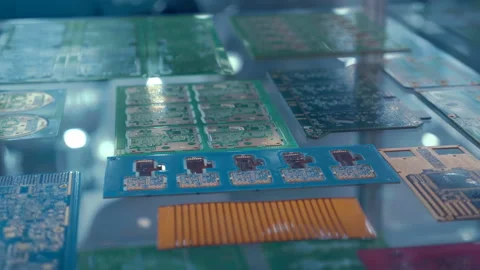 Samples of blank factory printed circuit boards (PCBA) as exhibition samples Stock Footage 218049505