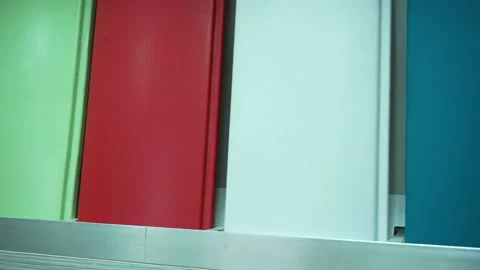 Samples of bright paints of basic colors are applied to wooden boards Video stock 219871023