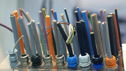 Samples of cables and wires at the exhibition Stock Footage 98401840