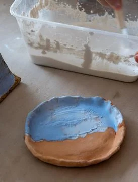 Samples of ceramic art objects and tabelware during workshop in art ceramic.. Stock Photos
