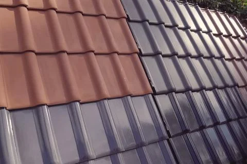 Samples of ceramic roofing tiles in a warehouse of a roofing mat Stock Photos