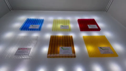 Samples of colored honeycomb polycarbonate at modern plant Stock Footage 231720592