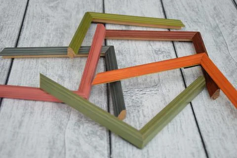 Samples of decorative wooden picture frames. Multi-colored frames for a bague Stock Photos