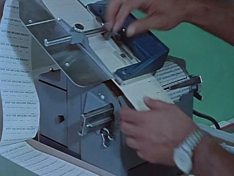 Samples from the earth's core drilled out by the Glomar Challenger are studied Video stock 75200627