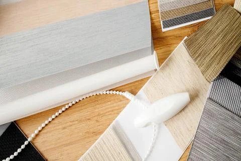 Samples of fabrics of different textures and colors in the form of a catalog  Stock Photos