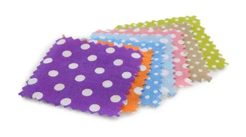 Samples of fabrics with polka dot pattern isolated on white Fotos de archivo