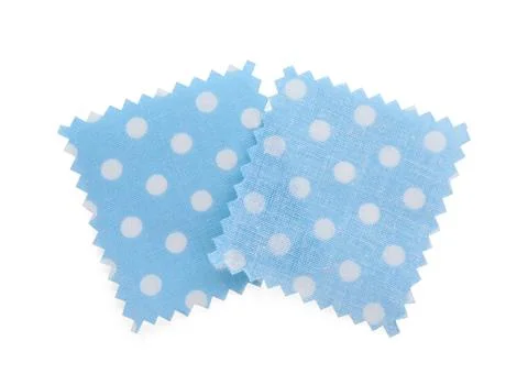 Samples of fabrics with polka dot pattern isolated on white, top view Fotos de archivo