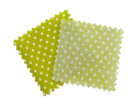 Samples of fabrics with polka dot pattern isolated on white, top view Fotos de archivo