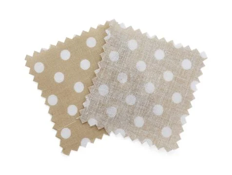 Samples of fabrics with polka dot pattern isolated on white, top view Stock Photos