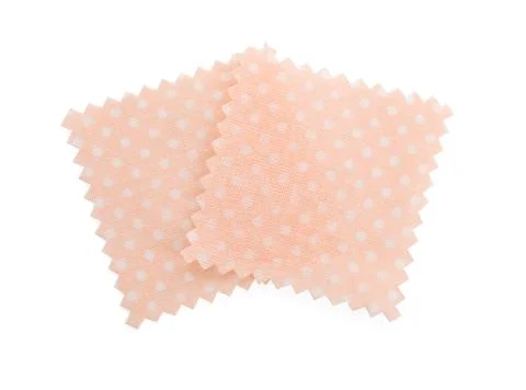 Samples of fabrics with polka dot pattern isolated on white, top view 스톡 사진