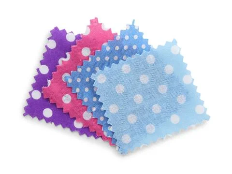 Samples of fabrics with polka dot pattern isolated on white, top view Fotos de archivo