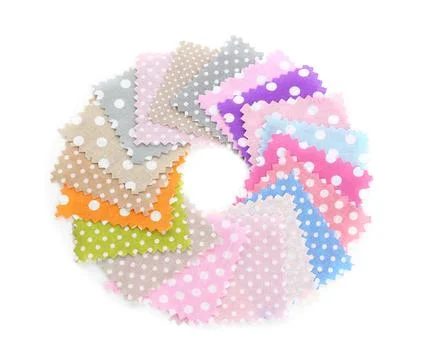 Samples of fabrics with polka dot pattern isolated on white, top view 스톡 사진