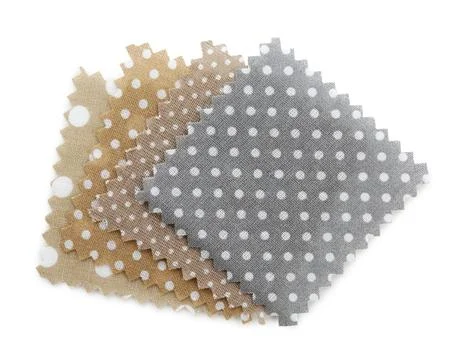 Samples of fabrics with polka dot pattern isolated on white, top view Stock Photos