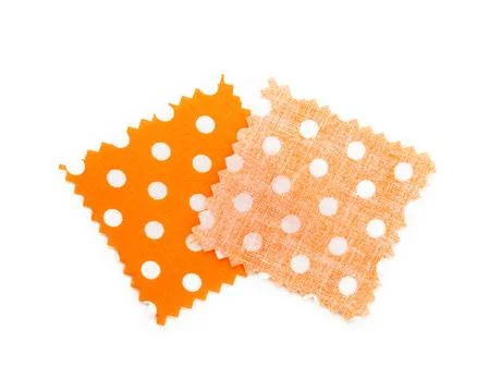 Samples of fabrics with polka dot pattern isolated on white, top view Stock Photos