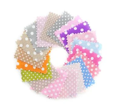 Samples of fabrics with polka dot pattern isolated on white, top view 스톡 사진