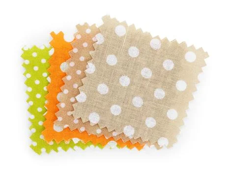 Samples of fabrics with polka dot pattern isolated on white, top view Foto stock