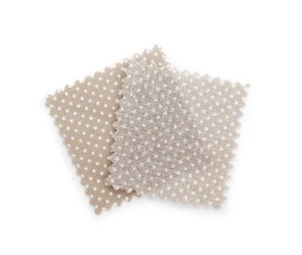 Samples of fabrics with polka dot pattern isolated on white, top view Stock Photos