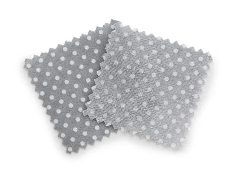 Samples of fabrics with polka dot pattern isolated on white, top view Stock Photos