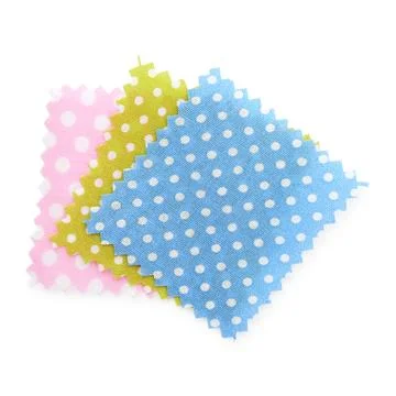 Samples of fabrics with polka dot pattern isolated on white, top view Fotos de archivo