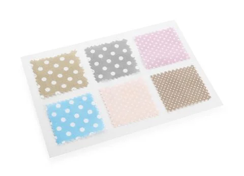 Samples of fabrics with polka dot pattern isolated on white Fotos de archivo