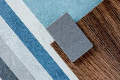 Samples of finishing materials, close-up view, including various wooden lamin Stock Photos